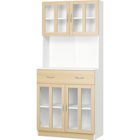 Armoire de cuisine 4 portes vitrées étagères ajustables tiroir plan de travail ouvert 80x40x180 cm blanc naturel (1/5)