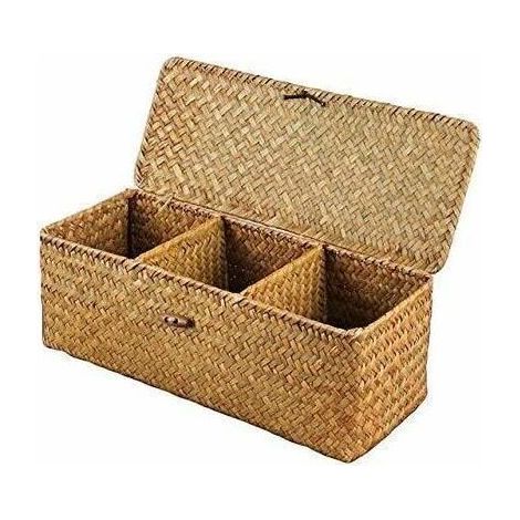 Panier de Rangement avec Couvercle Rectangulaire Coffre en Osier avec Compartiments Organisable Papier Toilette Snack Jouets (1/5)