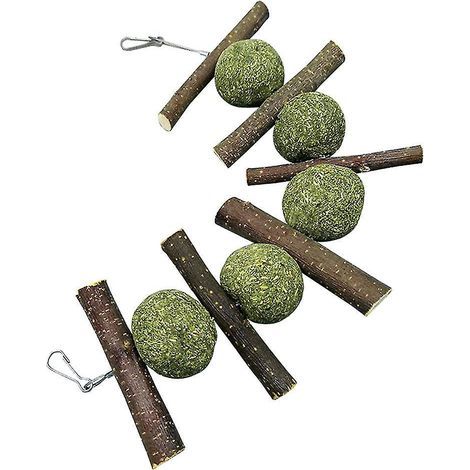 Bâtonnets en bois, boules d'herbe et friandises à mâcher pour lapins et hamsters. Nettoyage des dents. (1/4)