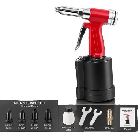 Rivettatrice pneumatica, forza di trazione massima 1300 kgf, pressione di esercizio 90-120 PSI, lunghezza della corsa 16 mm, dimensioni del rivetto adatte 3,2-6,4 mm, 4 ugelli inclusi (1/5)
