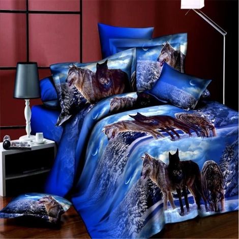 Parure de lit 4 sets de housse de couette 200x230cm 2 personnes 3D polyester animal loups rides et résistant à la décoloration