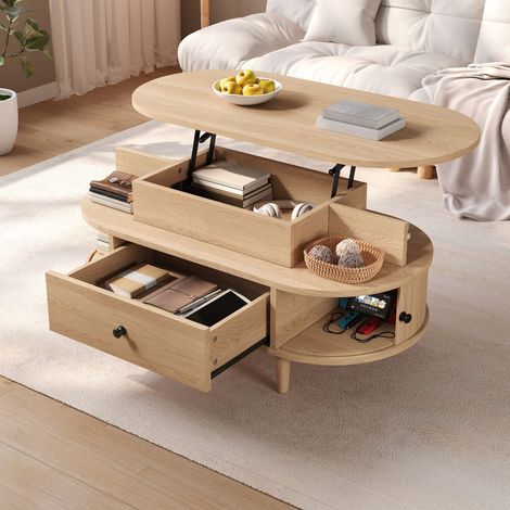 Table Basse Relevable Ovale Plateau relevable Rangement caché Mécanisme hydraulique central Deux compartiments ouverts Grand tiroir (1/2)