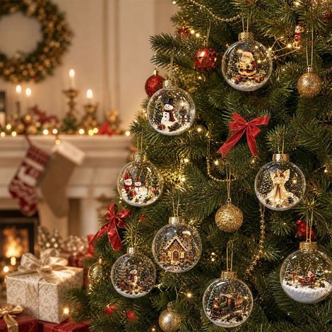 Calendrier de l'Avent de Noël - 24 décorations sphériques en acrylique 2D assorties, décorées d'un paysage enneigé rétro - Compte à rebours de 24 jours pour une décoration de sapin féérique et des cad (1/5)