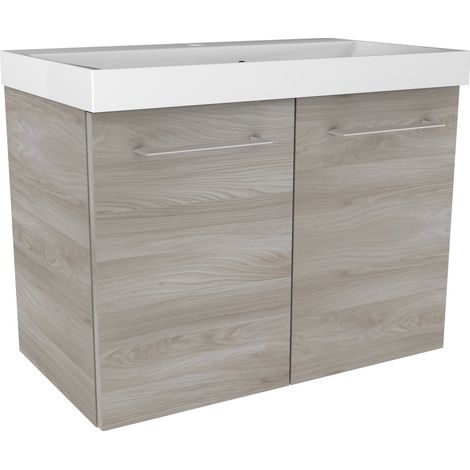 FACKELMANN LIMA Badmöbel Set 2 Teile / Gussmarmor Waschbecken / Waschbeckenunterschrank mit 2 Türen / hochwertiger Badschrank mit Soft-Close / Korpus: Braun hell / Front: Braun hell / Breite: 60 cm"-" (1/4)