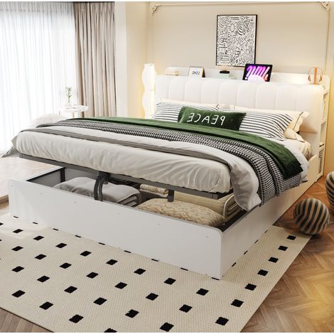 MODFU – Lit coffre 180x200 cm bois – USB et éclairage de nuit – Tête de lit rangements et sommier lattes – Blanc (1/5)