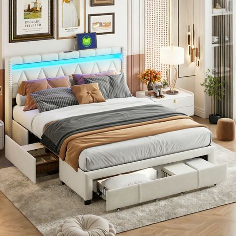 Lit coffre rembourré 160 x 200 avec 4 tiroirs - Lit double beige 160 x 200 - Tête de lit avec bandeau lumineux LED - 2 USB et 1 Type-C - Lin beige (1/5)