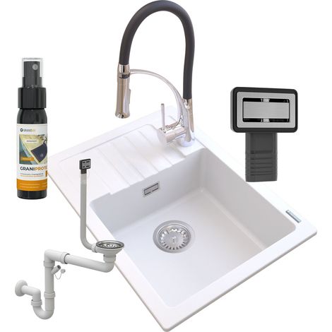 ÉVIER EN GRANIT BLANC ARGOS + MITIGEUR NEXO + SIPHON (1/5)