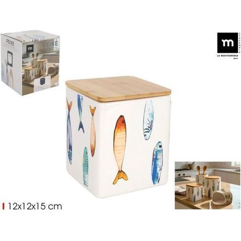 tarro bote de cocina cuadrado 12x12x15 cms. con tapa bambu peixe lamediterranea