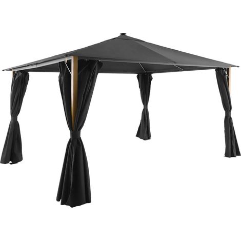 sweeek - Pavillon 4x3m Aluminium Holzoptik mit Vorhängen und LED