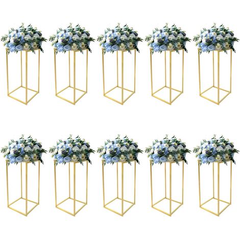 Centre de table de mariage Vase en or, vase sur pied, centre de table de mariage, support de fleurs en métal 10 pièces, support de présentation rectangulaire de 23,6 pouces pour la décoration de maria (1/5)