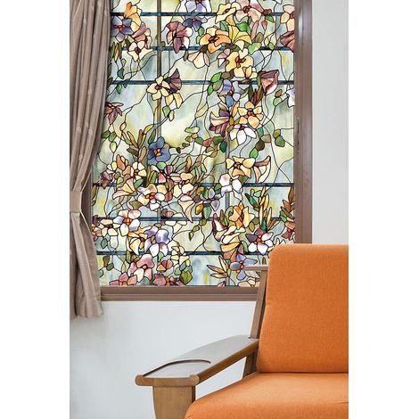 Film pour fenêtre à motif floral multicolore de jardin espagnol, 45 x 90 cm (1/4)