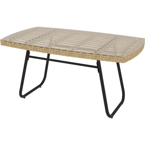 Table de jardin rotin poly 90x50x45 cm table d'appoint résistante UV plateau verre bois naturel