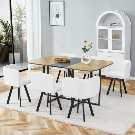 Ausziehbares Esstisch-Set für 4 bis 6 Personen, platzsparend verstaubare Stühle, MDF, Metall, PU, Schwarz, Naturholz, Weiß (1/5)