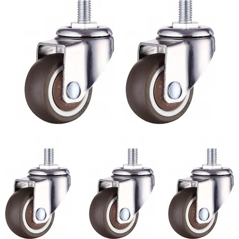 Set de 5 Roulettes Pivotantes Silencieuses 360° en TPE – Diamètre 50 mm, Axe 10 mm – Couleur Marron – Pour Chaise de Bureau, Parquet & Sols Durs – Haute Résistance à l'Usure