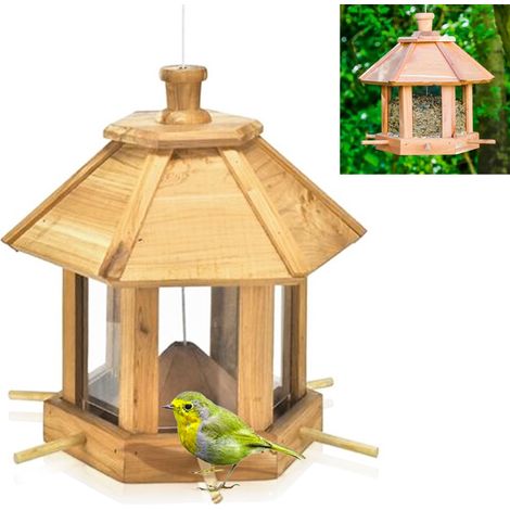 Fishtec – Mangeoire à oiseaux en cèdre rouge – 6 emplacements – Toit amovible – Fixation murale ou suspendue – Vitres en plastique pour protection