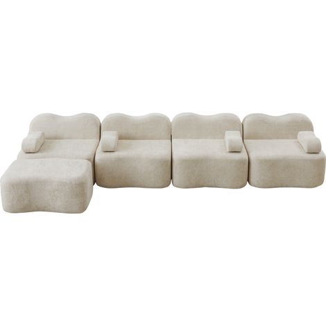 ELVMI Sofá de esquina modular 4 plazas sin estructura con puf, forma ondulada, en terciopelo beige (1/5)