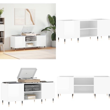 Mueble discos madera contrachapada blanco brillo 121x38x48 cm - Almacenamiento de vinilos - Mueble de madera contrachapada