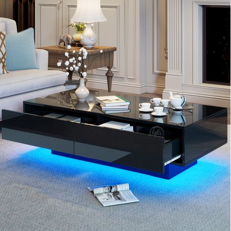 Couchtisch mit 2 Schubladen LED 115x55x34 cm Schwarz OKMYHOME (1/5)