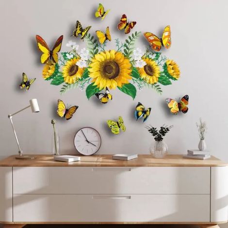 Sticker mural 3D tournesol et papillons, 30 x 60 cm, avec 12 papillons supplémentaires