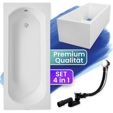 Badewanne Rechteck 170x75 mit Wannenträger, Ablaufgarnitur & Füßen GRATIS - Komplettset 4in1 Original Acryl Wanne Siphon - BADLAND INTRICA (1/5)
