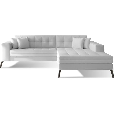 Canapé convertible capitonné angle droit simili cuir blanc et pieds métal noir Lazor 295cm (1/5)