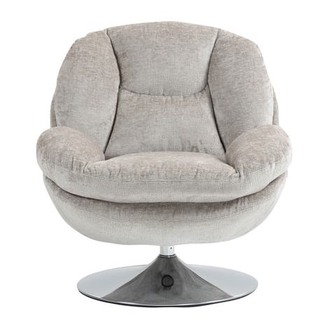 M&S – Fauteuil cosy pivotant en velours gris clair – Structure métal chromé – Assise mousse polyuréthane – Dimensions 81x84x84cm