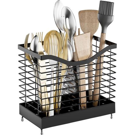 Countertop and Wall Utensil Organizer, 2 Compartments Kitchen Utensil Holder, Large Stainless Steel Cutlery Holder Cutlery Basket with Drainer and 2 Hooks Cutlery Drainer (1/5)