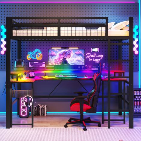 Lit mezzanine , structure en fer, avec bande lumineuse LED multicolore, bureau intégré, 1 port USB + 1 port Type-C et 2 prises électriques, panneau perforé, matelas non inclus