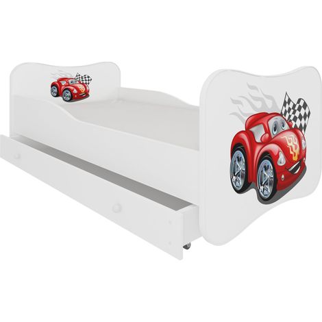 Lit enfant bois blanc à tiroirs avec imprimé voiture Cars 70x140 ou 80x160 - Sommier et matelas inclus - Ondula-70x140 (1/5)