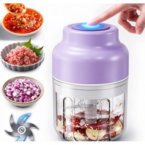 Hachoir électrique, mini hachoir à ail 320 ml, robot culinaire portable rechargeable avec 6 lames en acier inoxydable, pour légumes, fruits, viande, aliments pour bébés et épices (violet) (1/5)