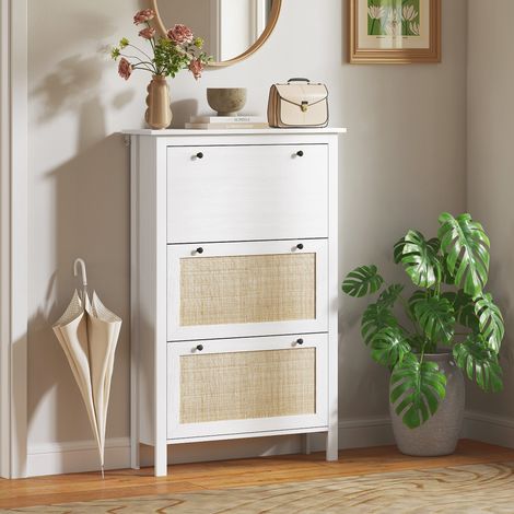 Meuble à chaussures étagère à chaussures armoire 3 portes abattants effet cannage rotin - en bois bois naturel