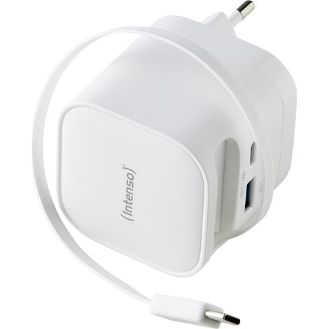 Cargador usb-c intenso w65acic 65w gan usb usb-c white + cable retractil usb-c (1/4)