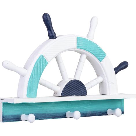 Percha de pared de 3 ganchos de madera con timón azul 32x5x21h cm (1/5)