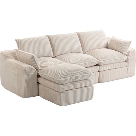 Sofá modular de 3 plazas en pana con puf beige MODENUIT (1/5)