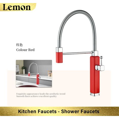 Robinet de cuisine moderne (rouge), mitigeur monocommande, obturateur monotrou en céramique, douchette extractible pour eau chaude et froide (1/5)