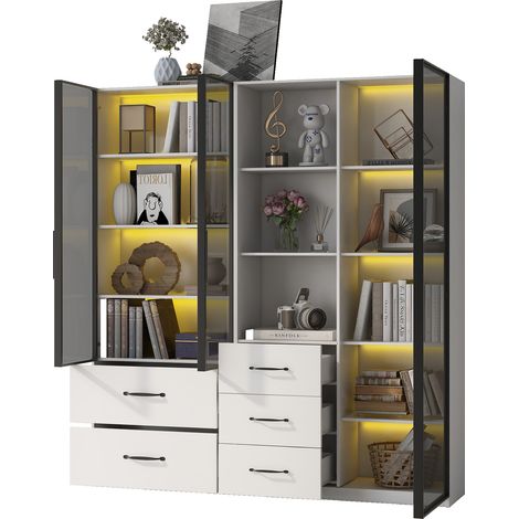 Vitrina Modular con 5 Cajones, Compartimentos Abiertos y LED Multicolor, Vidrio de Seguridad, Blanco, Aglomerado, 140×40×160 cm (1/5)