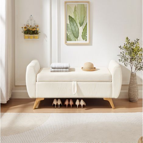 Panca pieghevole in velluto a coste con contenitore e gambe in legno 145 x 51 x 57 cm beige (1/5)