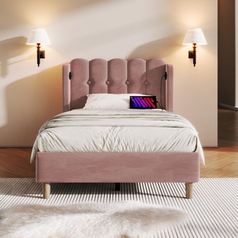 DESMIU Lit Simple 1 Place avec USB et Port Type-C, Couchage 90 × 200 cm, Sans Matelas, en Velours Rose (1/5)