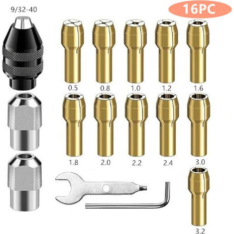 CSPARKV 16-teiliges Spannfutter, kompatibel mit Drehwerkzeugzubehör, 0,8 mm bis 3,2 mm Ersatz-Schnellwechselfutter 4486, Ersatz 4485 Messing-Spannzangen-Metallmutter