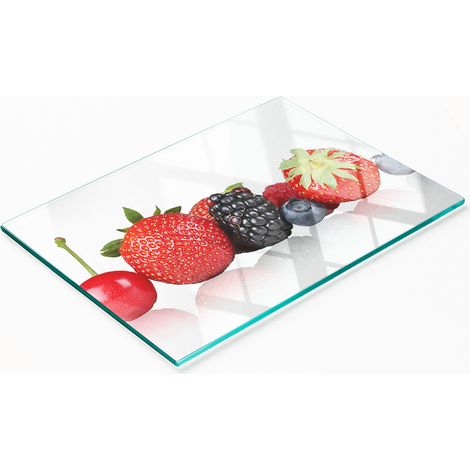 Elegante e resistente tagliere da cucina in vetro con motivo di frutta in fila, 80x52 cm. (1/5)
