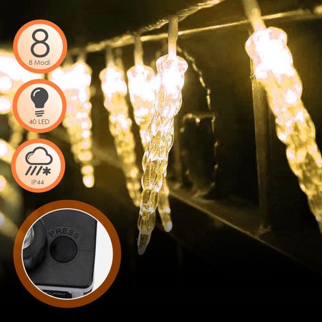 Randaco Guirlande Noel Exterieur, 10 m 40 LED Lumières de Stalactite Glaçons, Guirlande Lumineuse blanc chaud avec 8 Modes D'éclairage, IP44 étanche. (1/5)