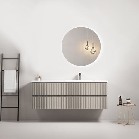 Mobile bagno sospeso cannettato 140 cm Grigio Cenere Lavabo a Destra in Resina Specchio Tondo Retroilluminato - Fiji Paint (1/4)