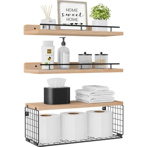 Étagère murale rustique bois et métal - Avec panier rangement fil métallique, multifonction