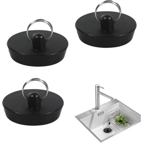 QORVA-Bouchon de vidange noir, 3 bouchons d'évier en caoutchouc, bouchons d'évier de cuisine, bouchons de baignoire, bouchons de vidange avec crochets, pour cuisine et salle de bain