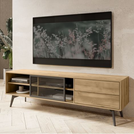 Meuble TV Estevan - Chêne Doré - Vitré - 2 Tiroirs - Largeur 180 cm, Hauteur 54 cm, Profondeur 39 cm (1/5)