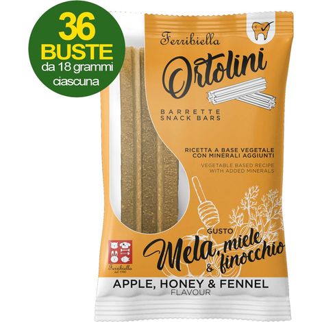 Snack Barrette per cani Ortolini gusto mela, miele e finocchio 36 mini pack da 2 pezzi ciascuno