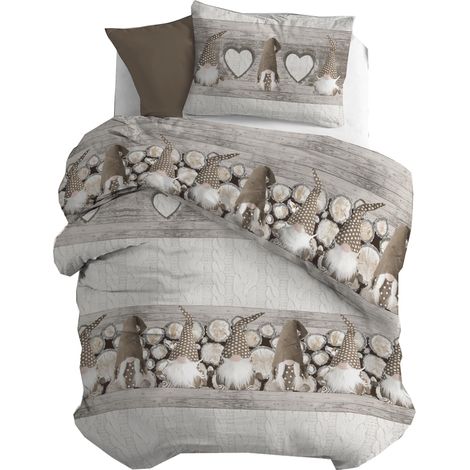 Parure de lit Simple en Flanelle 100% Coton avec Housse de Couette 155 x 200 cm et taie d'oreiller 52 x 82 cm, Lavable en Machine à 40 degrés, Motif Nain Beige (1/5)