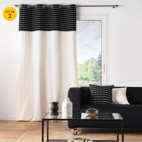 Lot de 2 Rideaux tamisant 140 x 240 cm coton recyclé + fils coupés Linechic Noir (1/5)