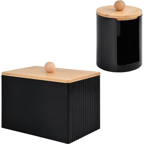 Boite Coton Tige, Boite à Coton avec Couvercles Bambou, Distributeur Rangement Noir Tige Bois Salle Bain Coiffeuse Salon (noir) (1/5)