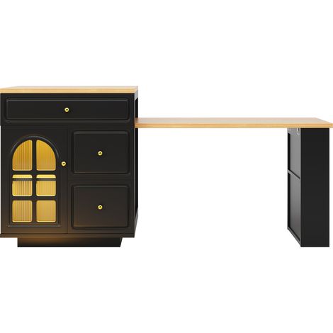 Îlot de cuisine extensible avec tiroirs, éclairage LED RGB, plateau réglable 122,5-195,5 cm, finition bois avec vitrine en verre, couleur noire (1/5)